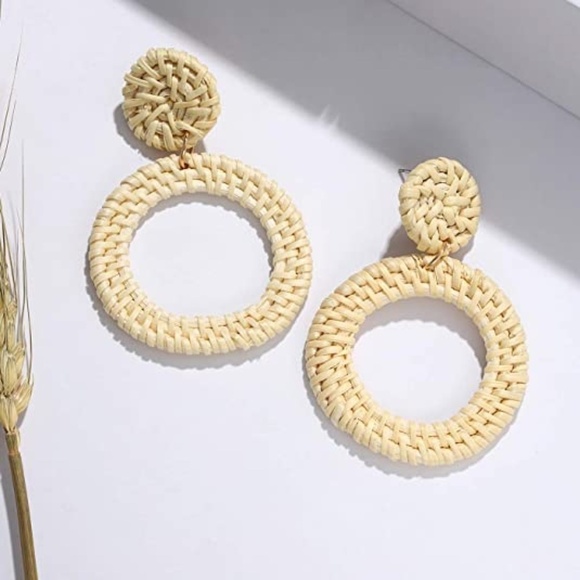 Weave Straw Double Disc Drop Earrings Boho Rattan Dangle Statement - Picture 5 of 7